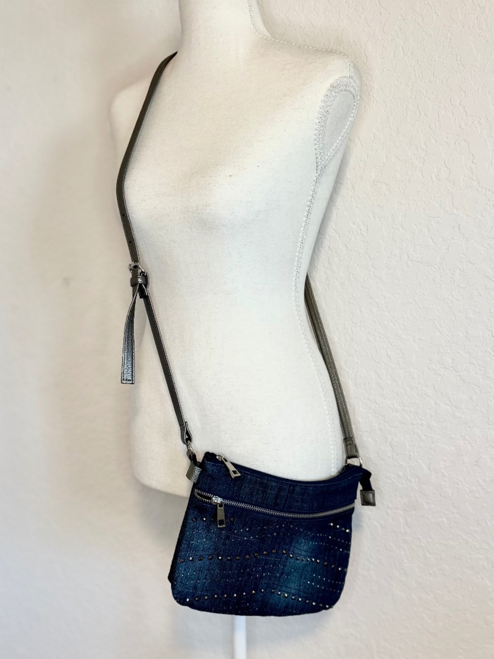 Blue Denim Rhinestone Studded Crossbody Bag - Picture 7 of 10